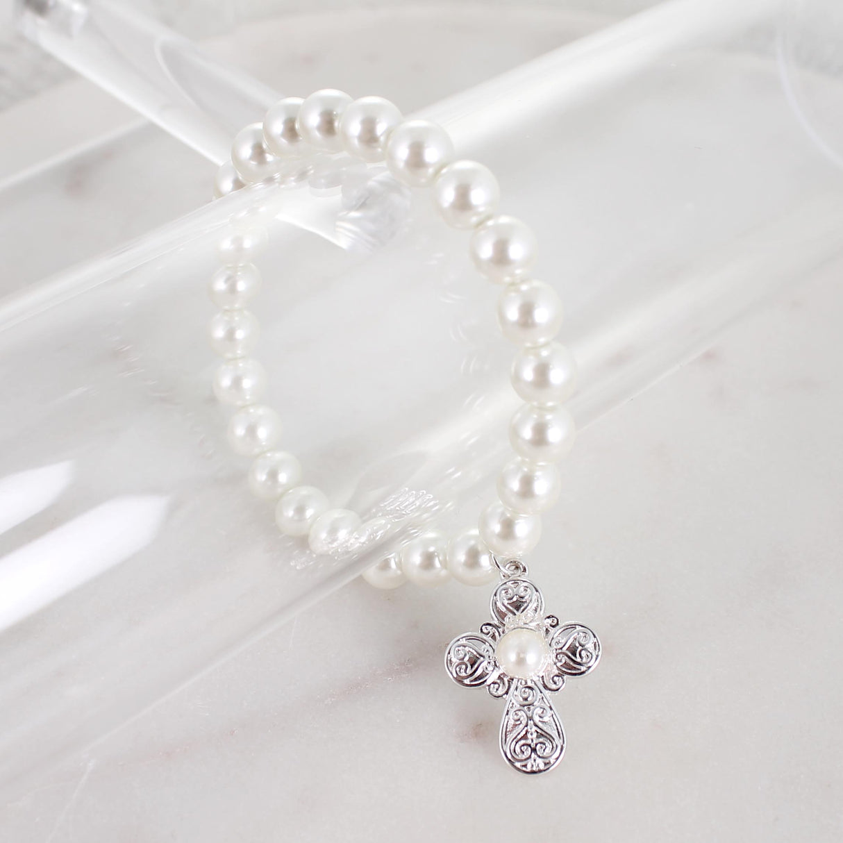 Silver Filigree & Pearl Cross Stretch Bracelet