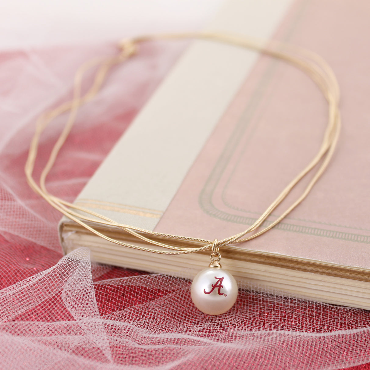 18” Alabama Gold & Pearl Logo 3-Strand Necklace