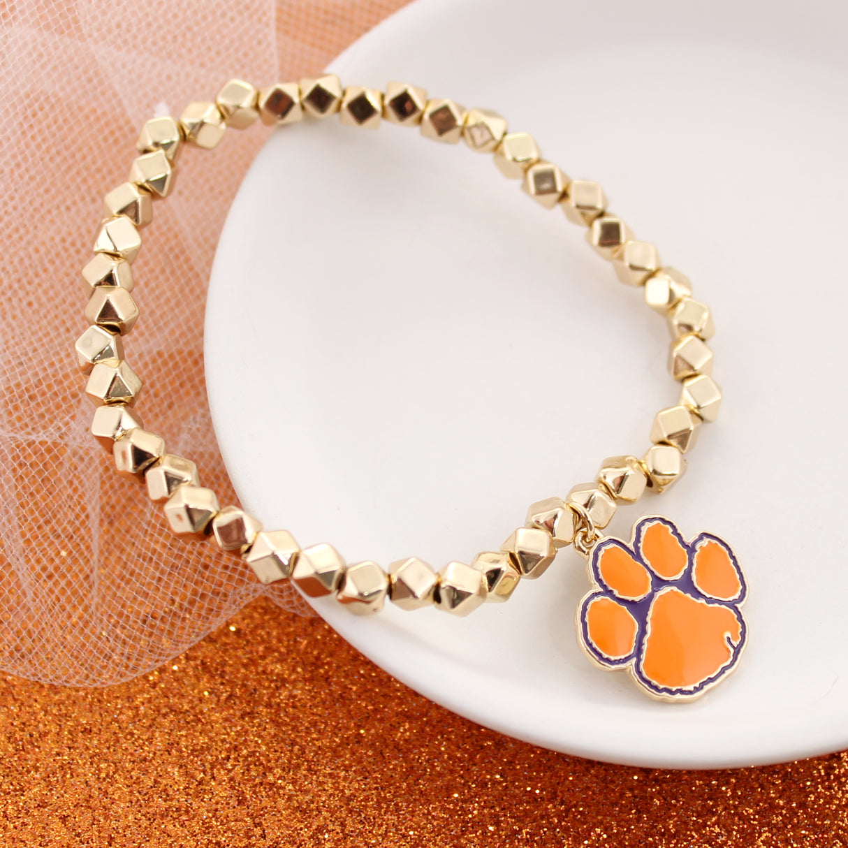Clemson Gold Stretch Bracelet w/Enamel Logo