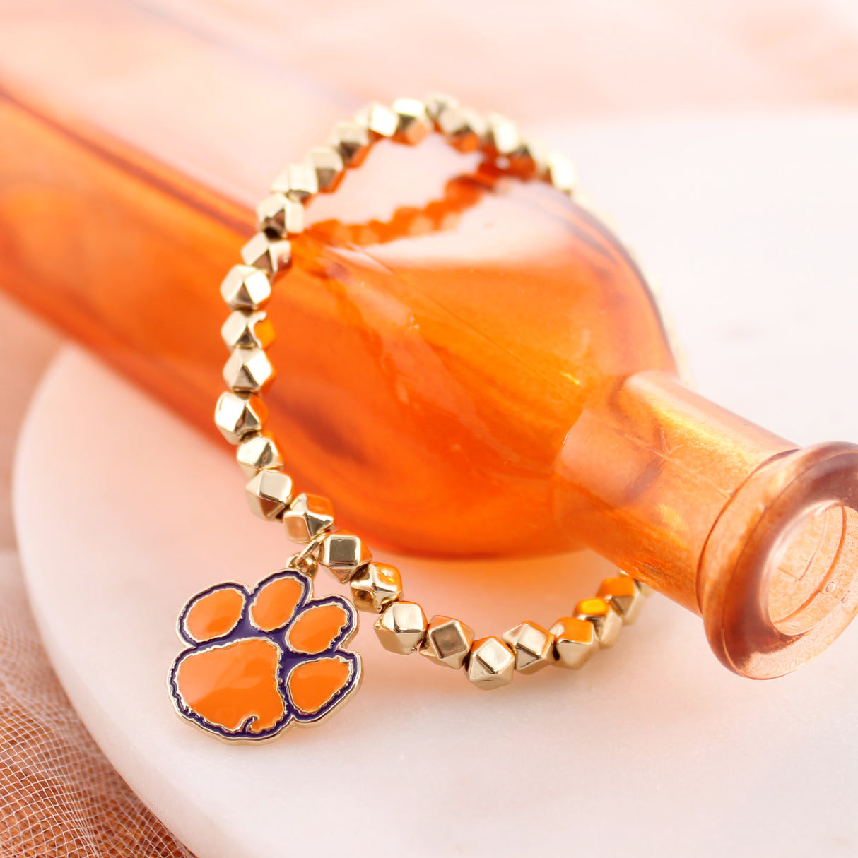 Clemson Gold Stretch Bracelet w/Enamel Logo