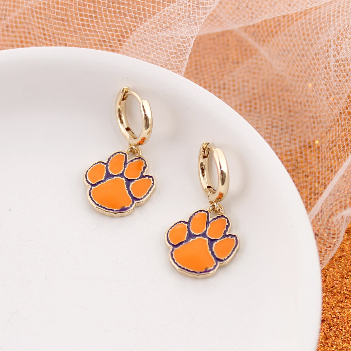 Clemson Gold Huggie Hoop Earrings w/ Enamel Logo