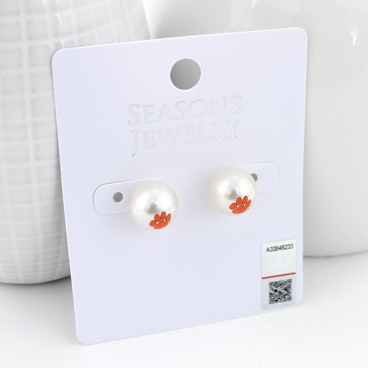 Clemson Logo Pearl Stud Earrings