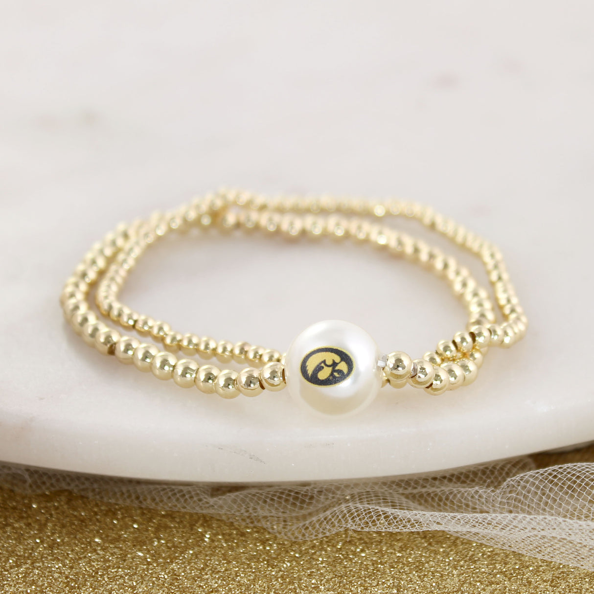 Iowa Gold & Pearl Logo Stretch Bracelet Set