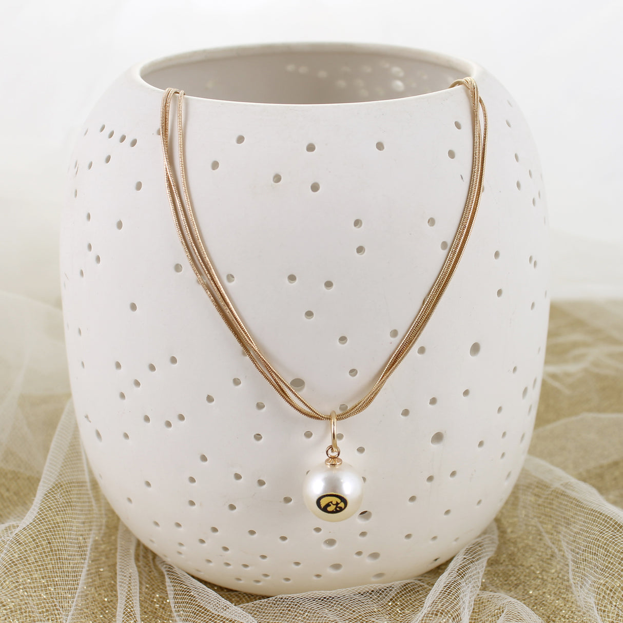 18" Iowa Gold & Pearl Logo 3-Strand Necklace