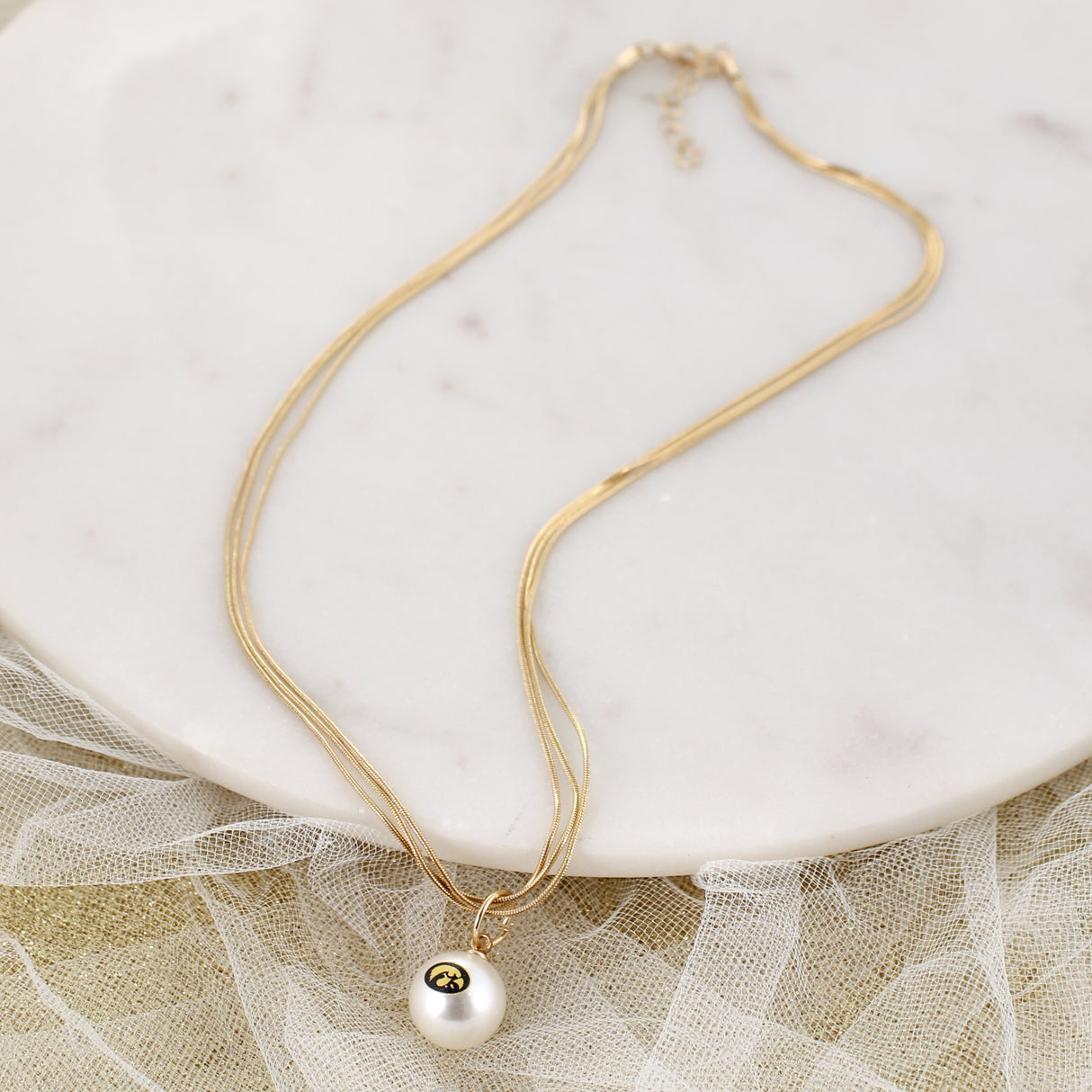 18" Iowa Gold & Pearl Logo 3-Strand Necklace