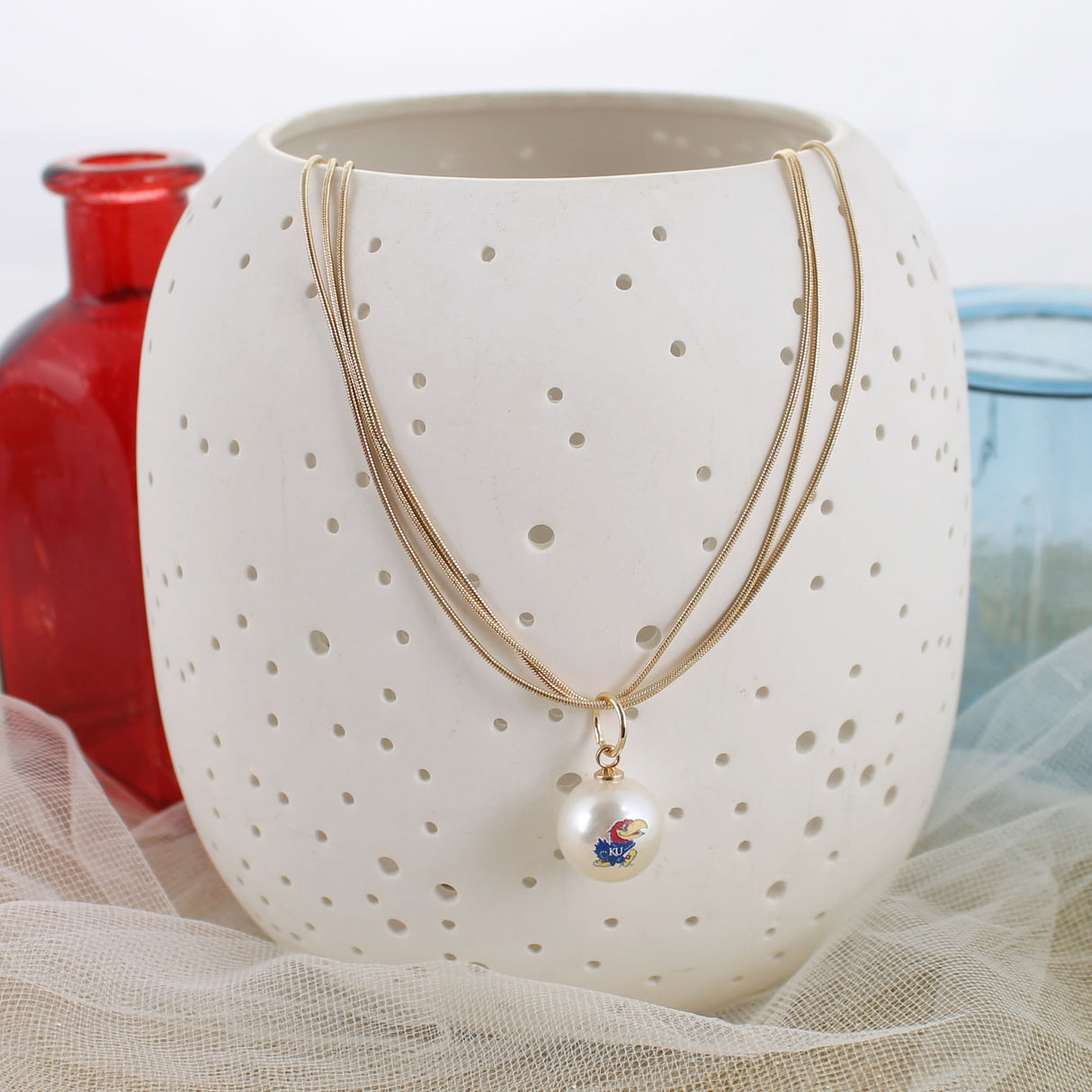 18" Kansas Gold & Pearl Logo 3-Strand Necklace