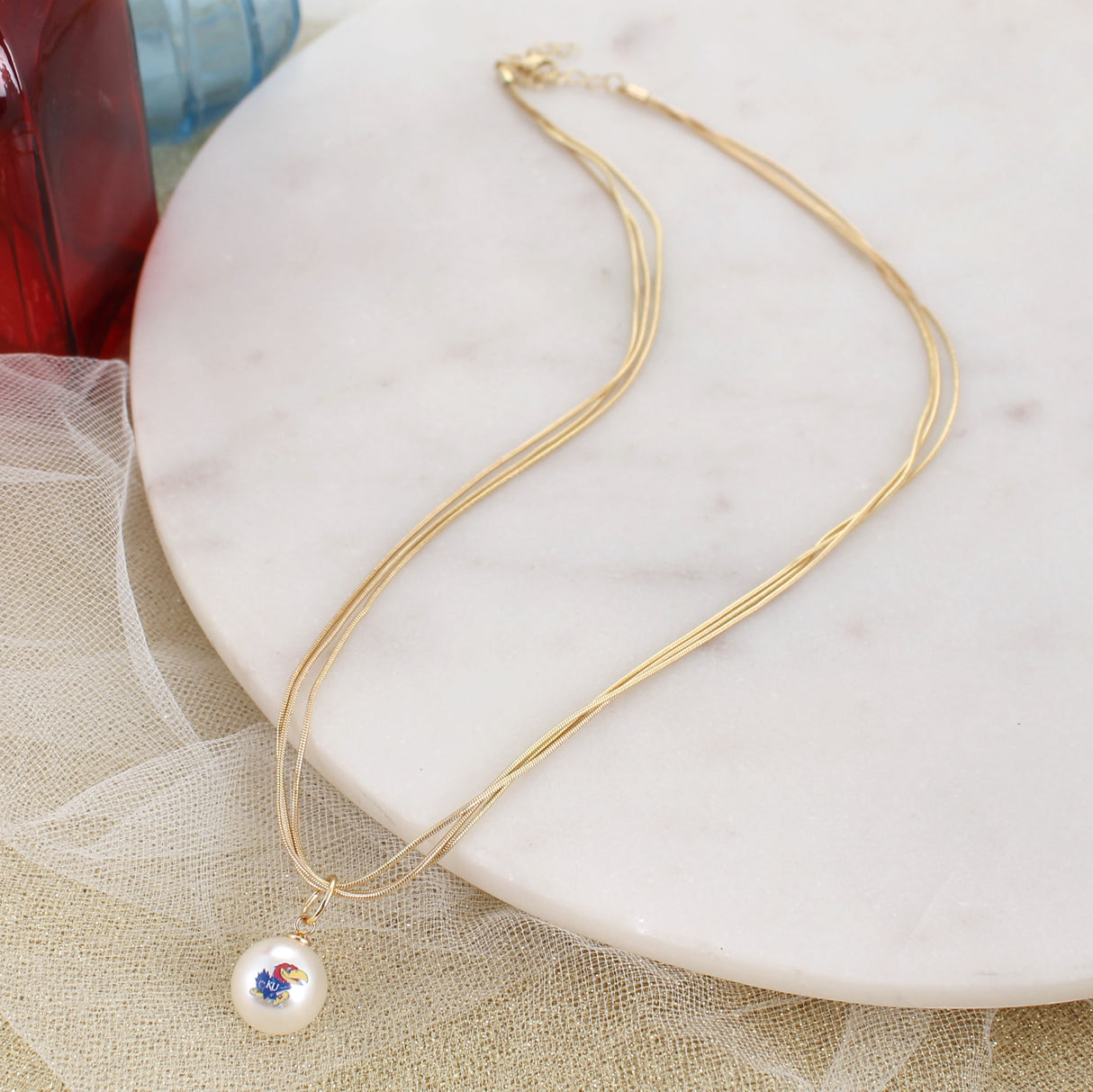 18" Kansas Gold & Pearl Logo 3-Strand Necklace