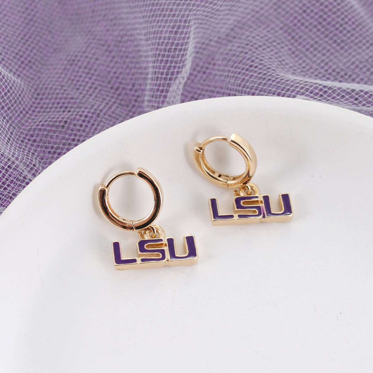 LSU Gold Huggie Hoop Earrings w/Enamel Logo