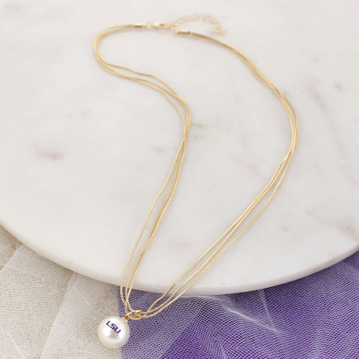 18" LSU Gold & Pearl Logo 3-Strand Necklace