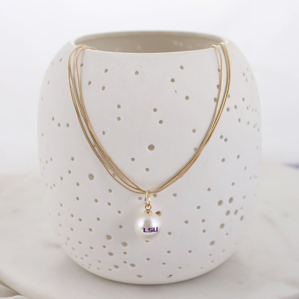 18" LSU Gold & Pearl Logo 3-Strand Necklace