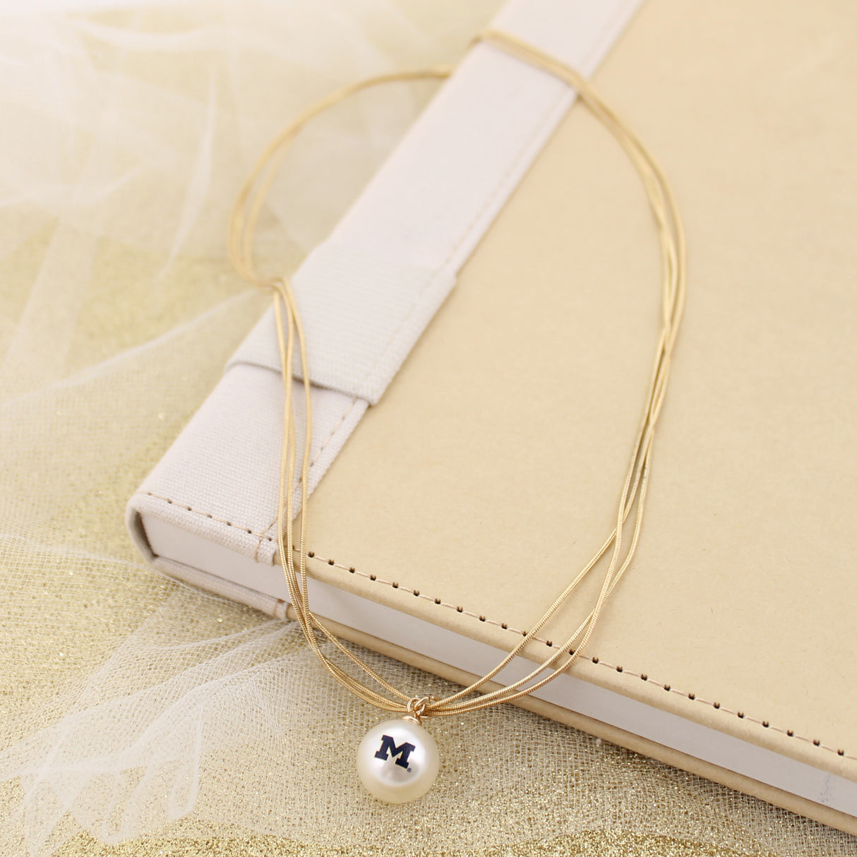 Michigan Gold & Pearl Logo 3-Strand Necklace