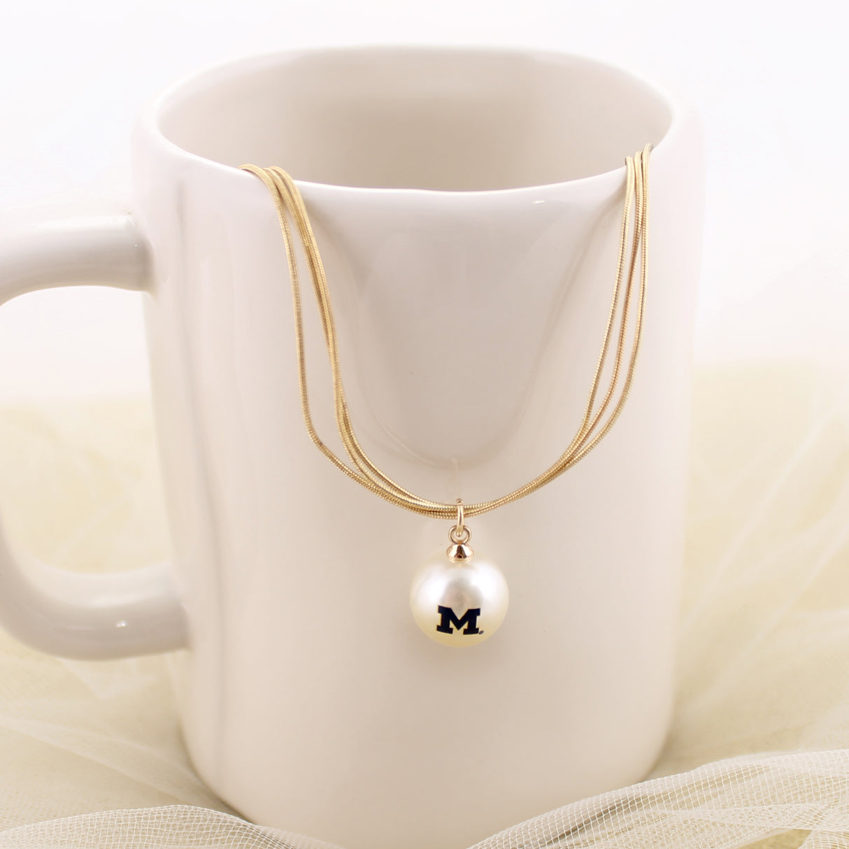 Michigan Gold & Pearl Logo 3-Strand Necklace
