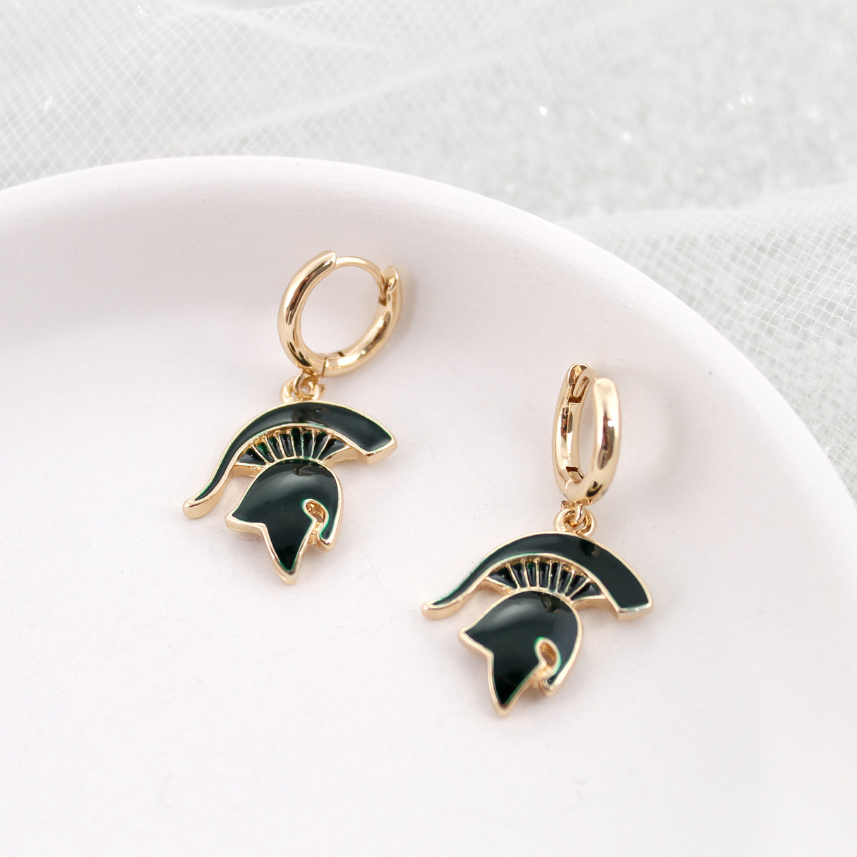 Michigan State Gold Huggie Hoop Earrings w/ Enamel Logo