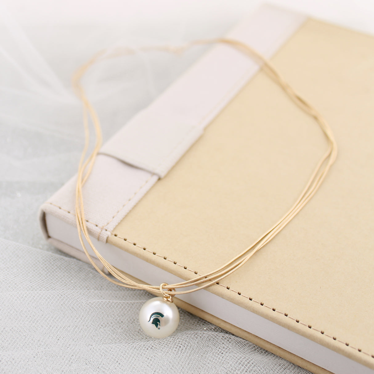 Michigan State Gold & Pearl Logo 3-Strand Necklace