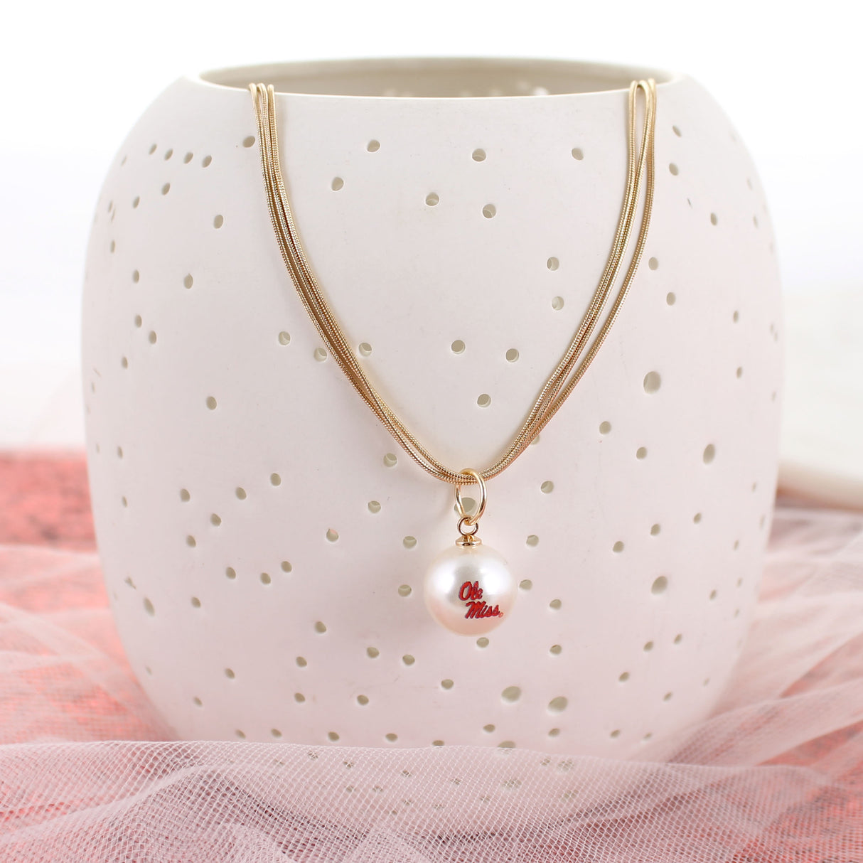 18" Mississippi Gold & Pearl Logo 3-Strand Necklace