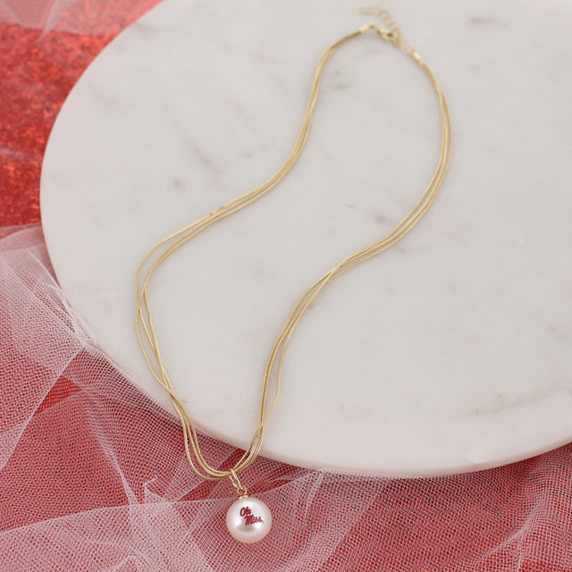 18" Mississippi Gold & Pearl Logo 3-Strand Necklace