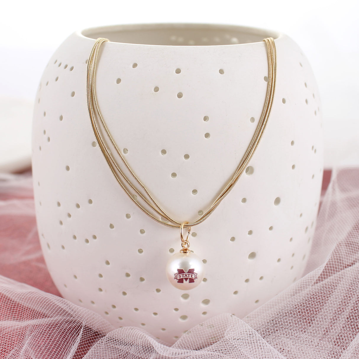 18" Mississippi State Gold & Pearl Logo 3-Strand Necklace