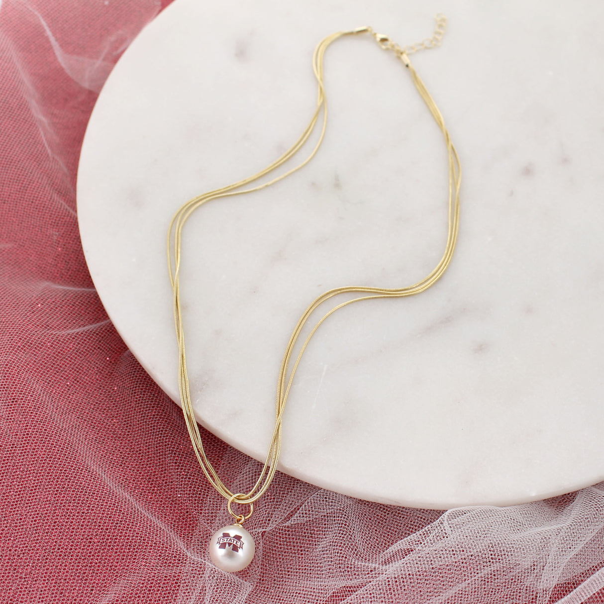 18" Mississippi State Gold & Pearl Logo 3-Strand Necklace