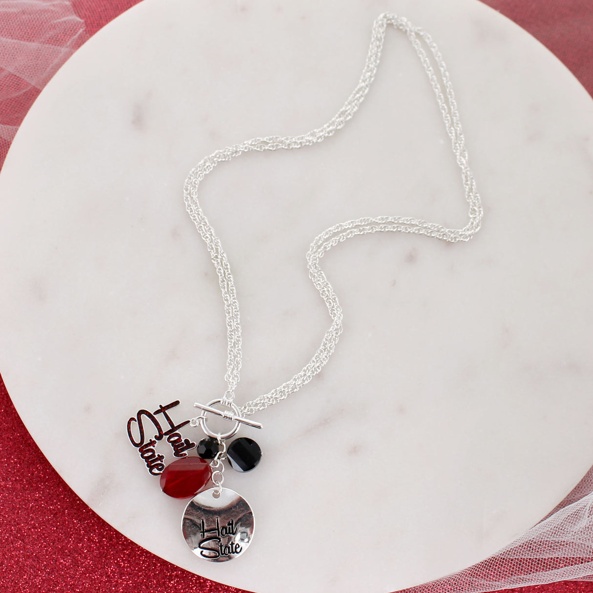 18 - 36” Mississippi State Logo Disc & Slogan Cluster Convertible Necklace