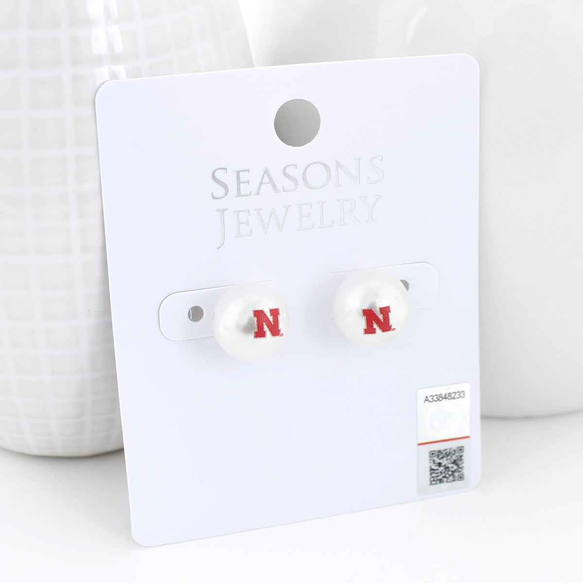 Nebraska Logo Pearl Stud Earrings