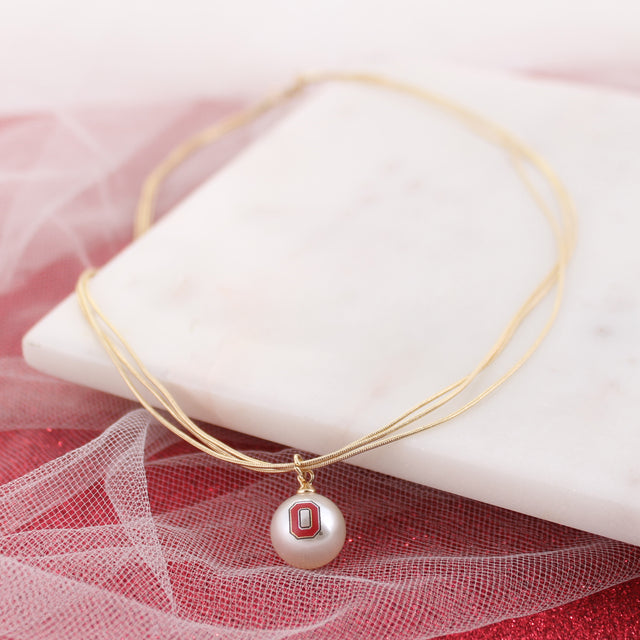 18” Ohio State Gold & Pearl Logo 3-Strand Necklace