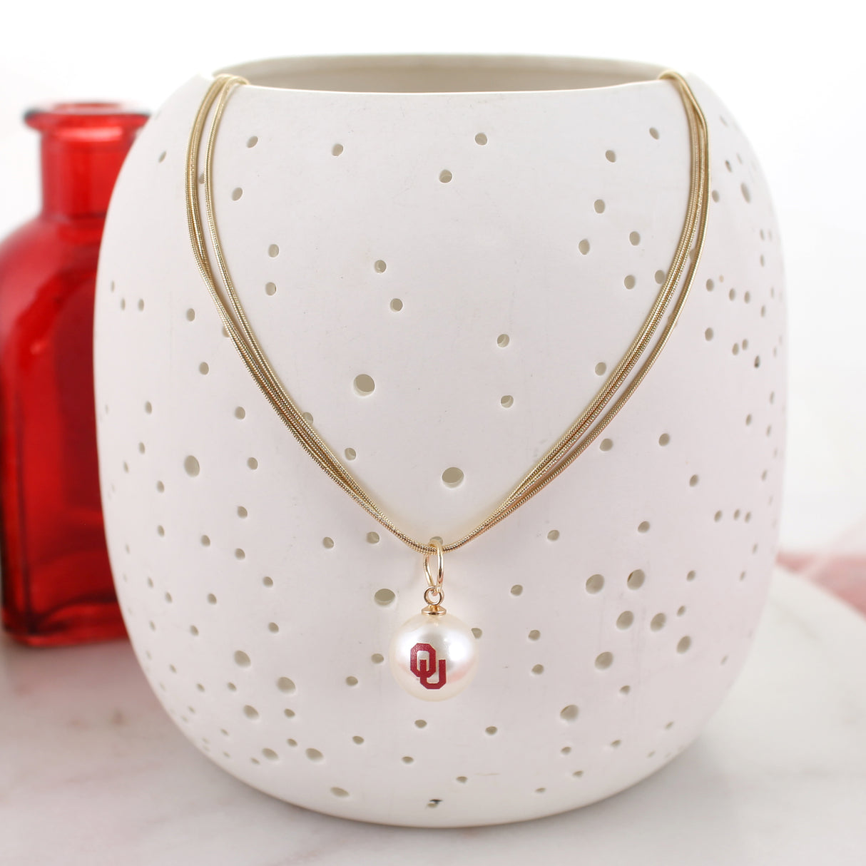 18" Oklahoma Gold & Pearl Logo 3-Strand Necklace