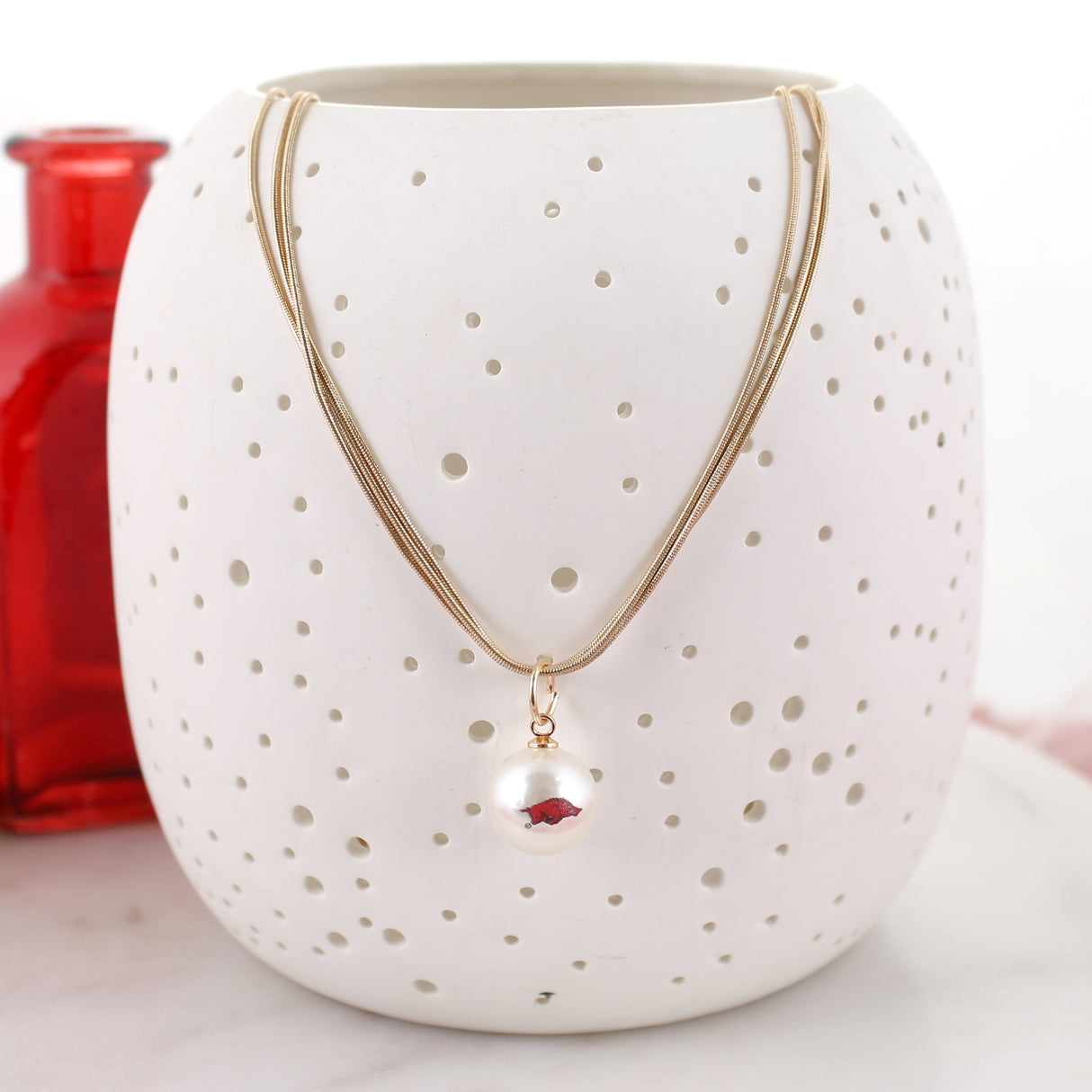 18" Arkansas Gold & Pearl Logo 3-Strand Necklace