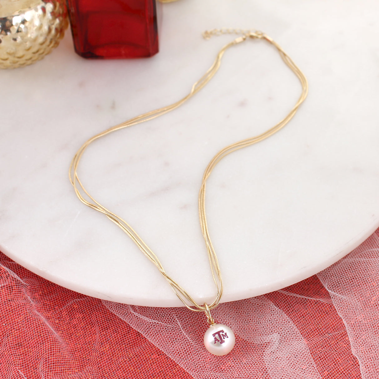 18" Texas A&M Gold & Pearl Logo 3-Strand Necklace