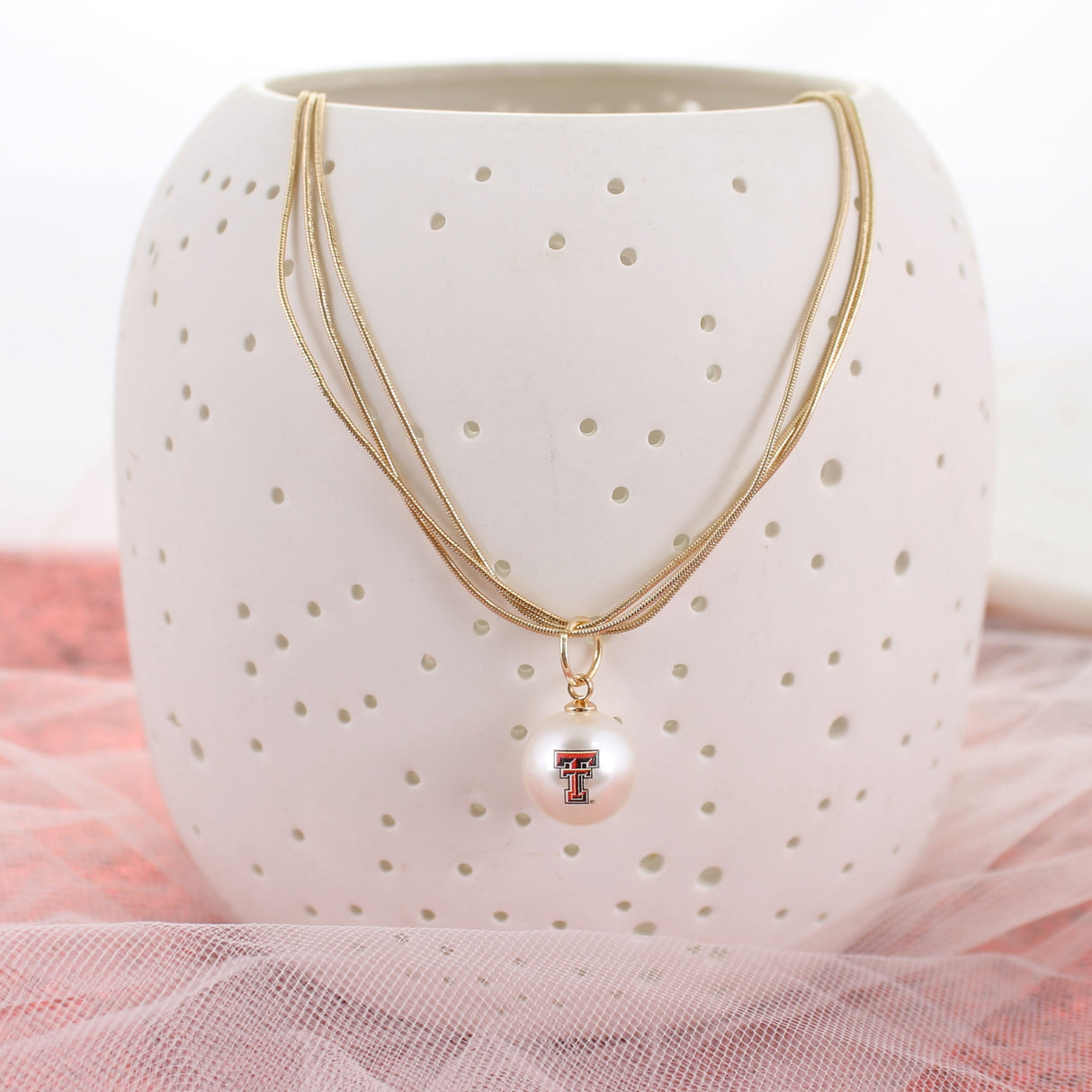 18" Texas Tech Gold & Pearl Logo 3-Strand Necklace