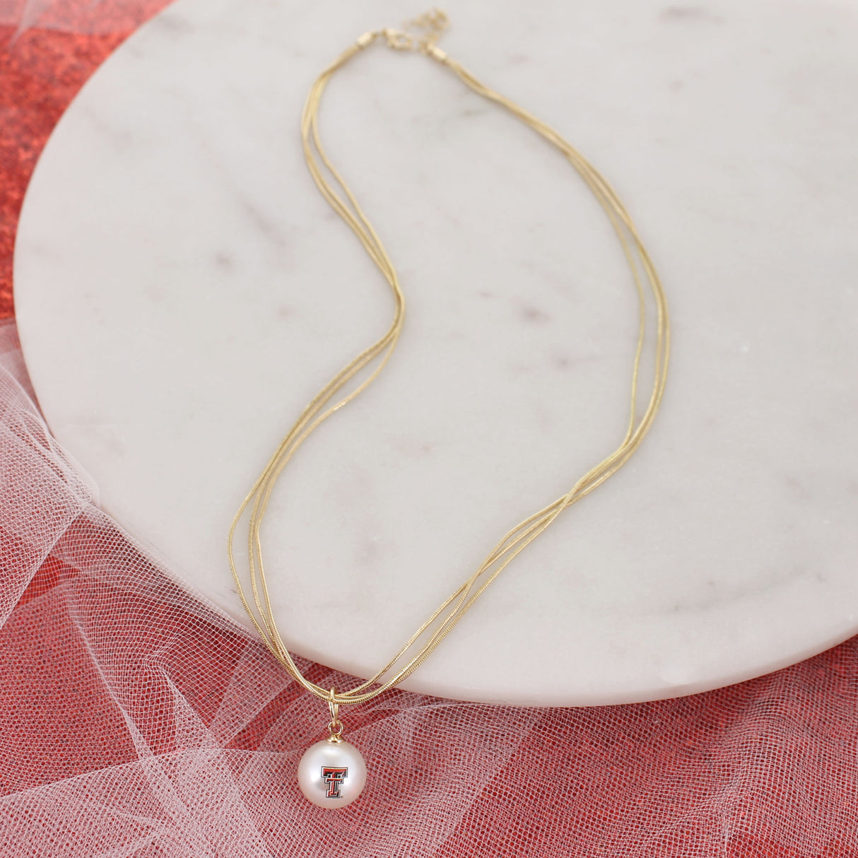 18" Texas Tech Gold & Pearl Logo 3-Strand Necklace