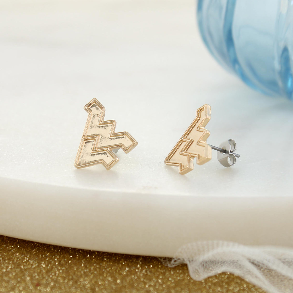 West Virginia Shiny Gold Logo Stud Earrings