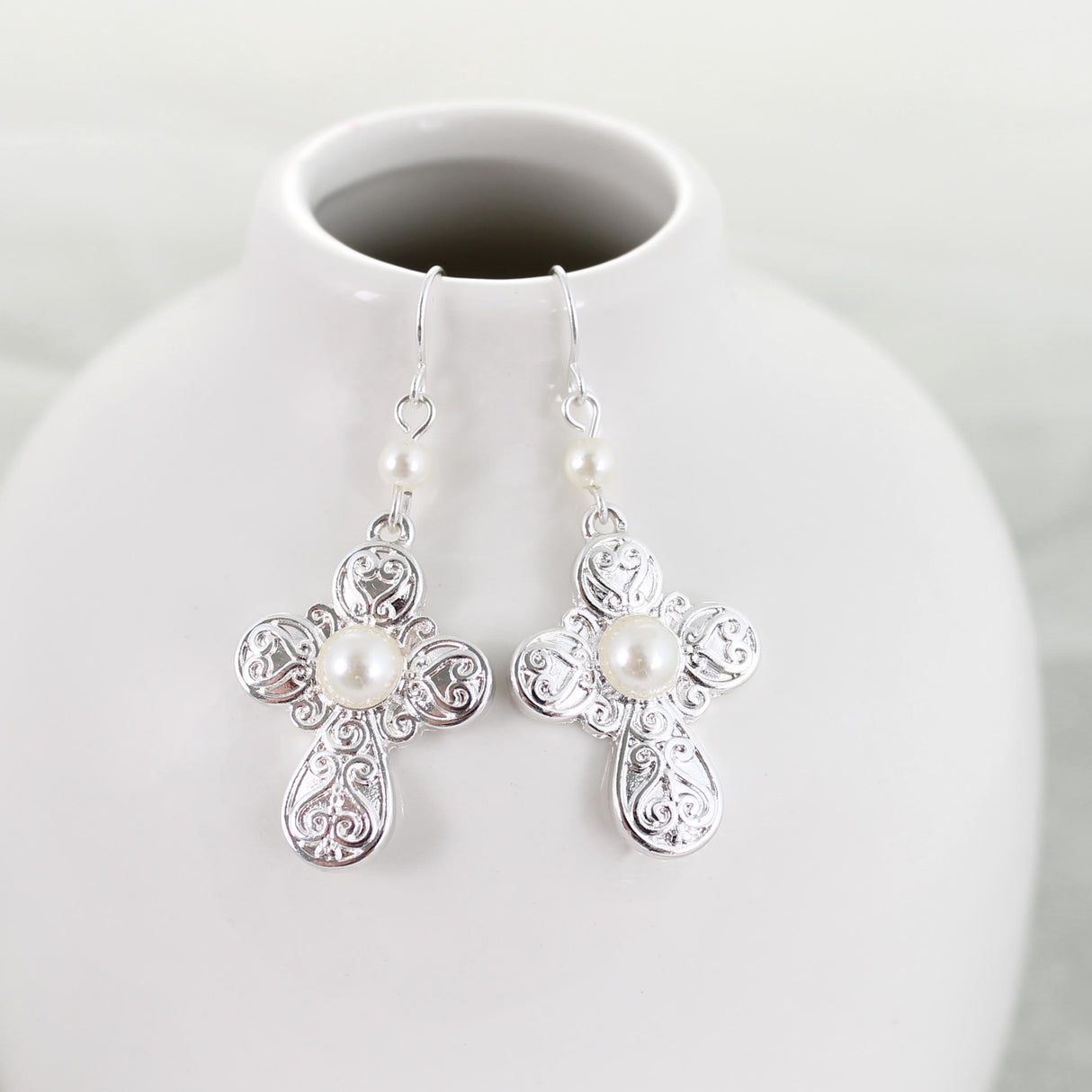 Silver Filigree & Pearl Cross Earrings
