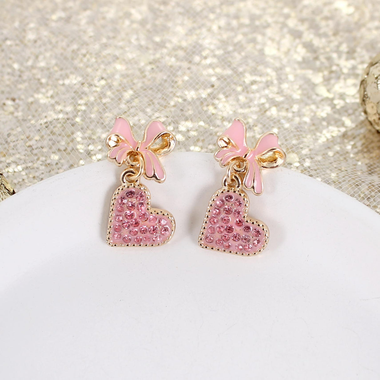Pink Bow w/ Dangle Heart Valentine’s Day Earrings