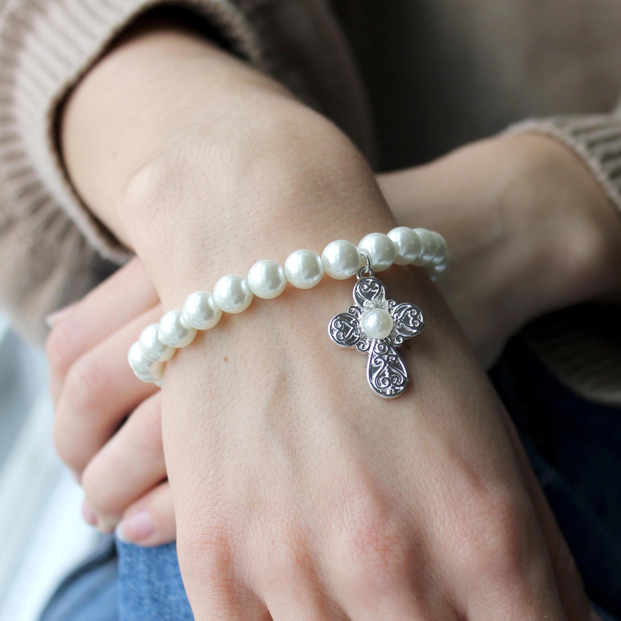 Silver Filigree & Pearl Cross Stretch Bracelet