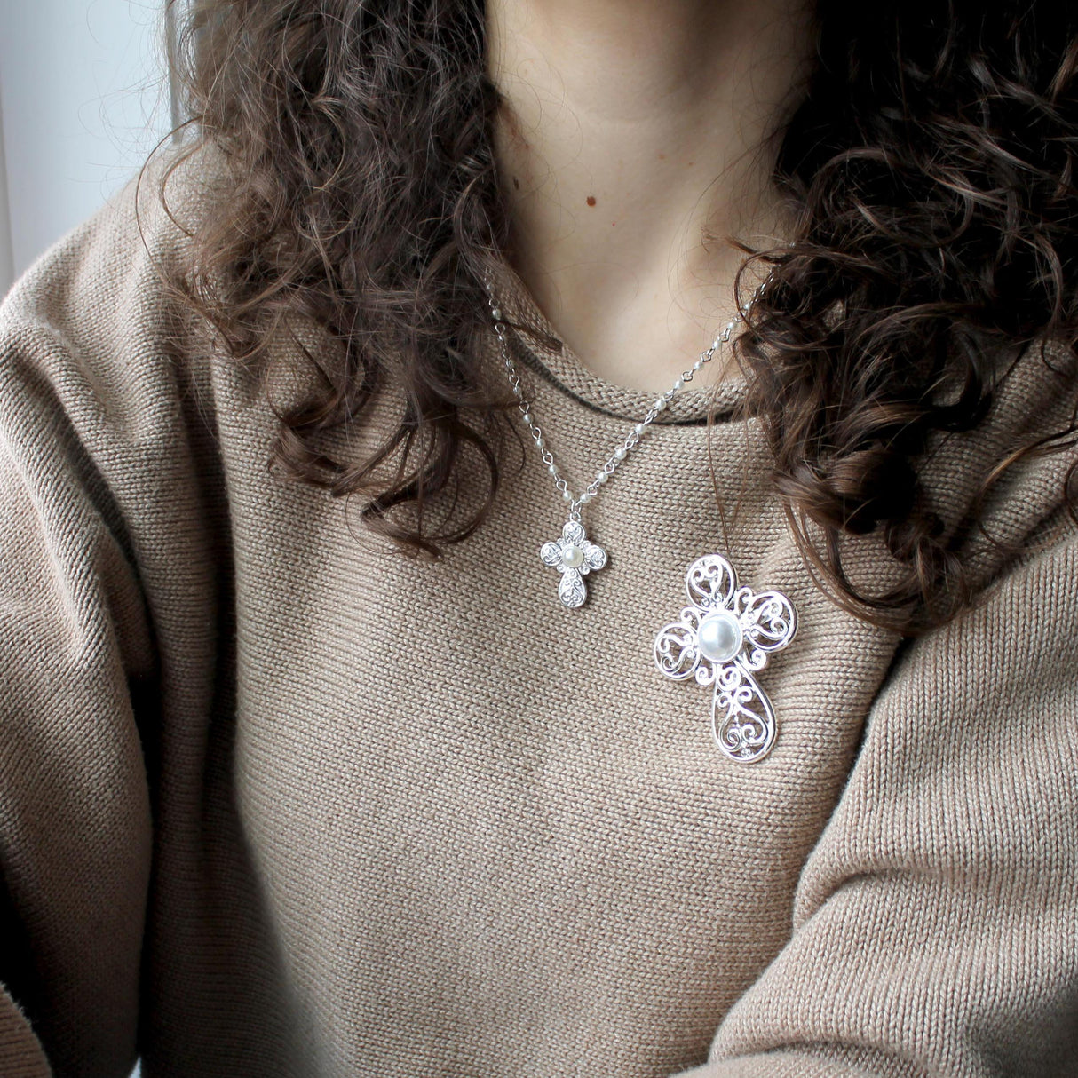Silver Filigree & Pearl Cross Necklace