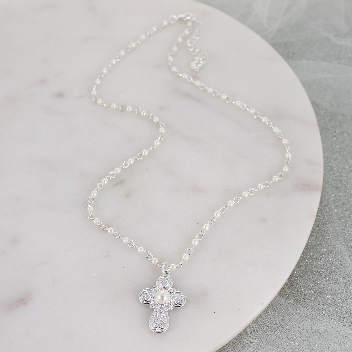 Silver Filigree & Pearl Cross Necklace