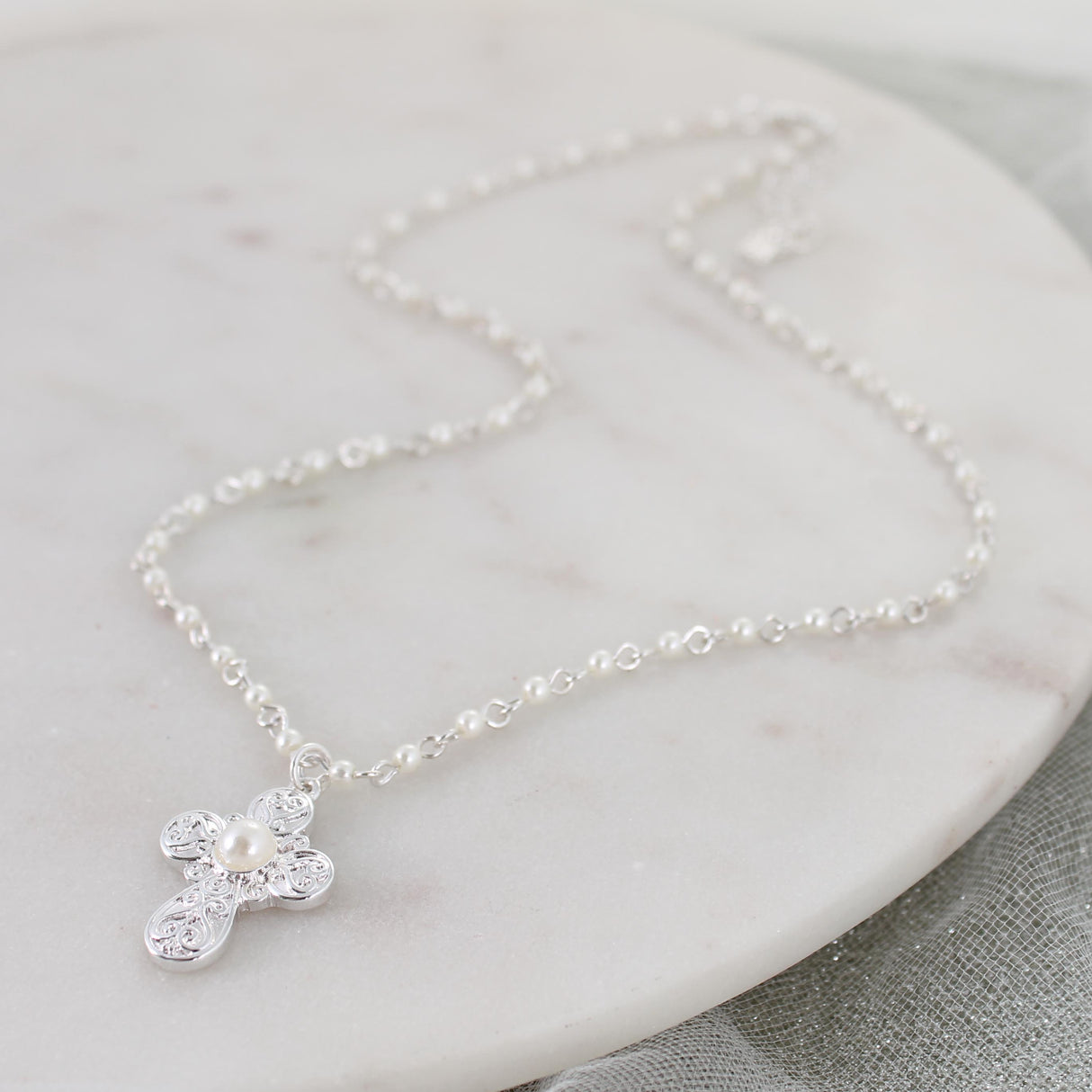 Silver Filigree & Pearl Cross Necklace