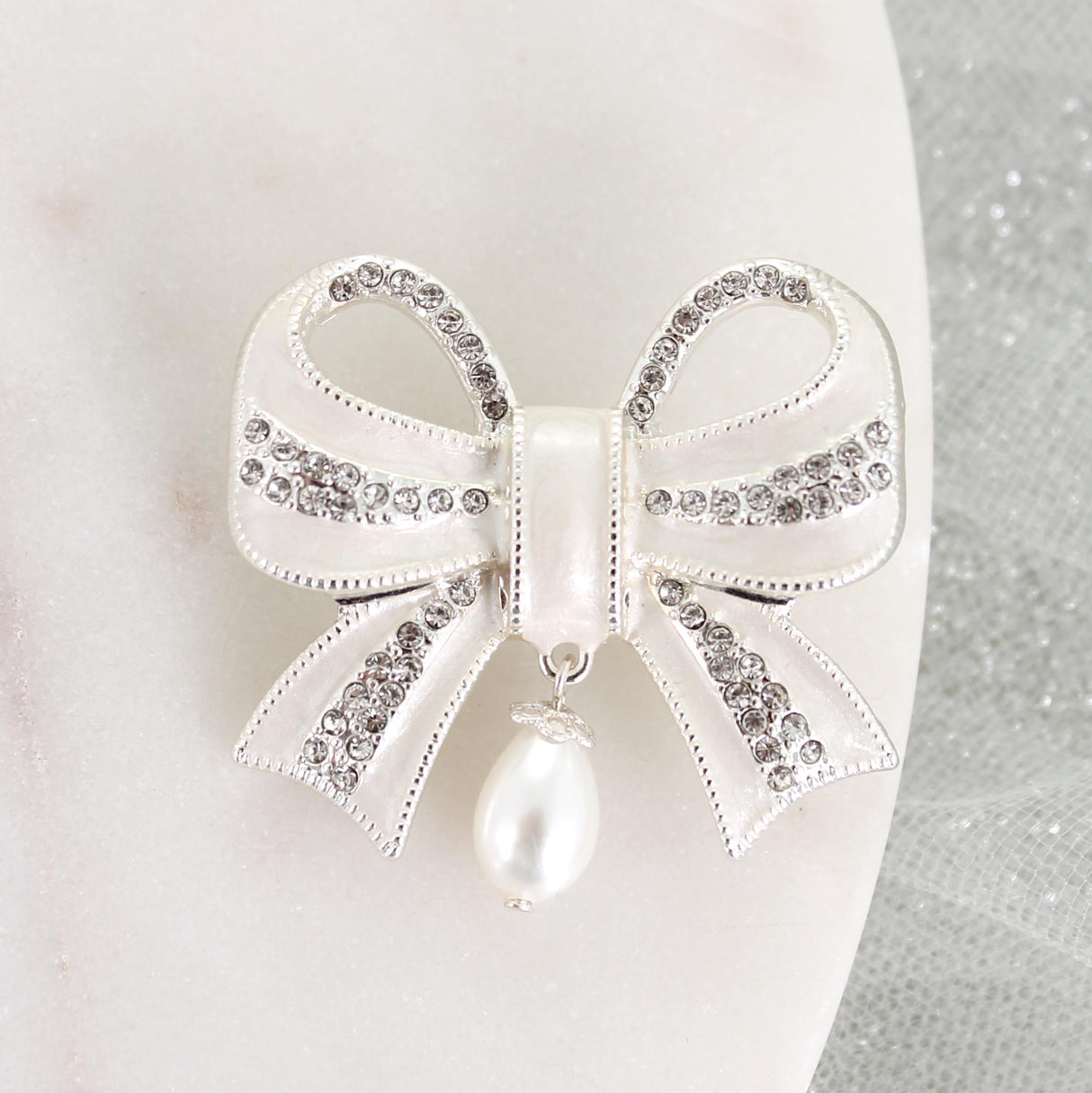 Crystal Bow w/ Dangle Pearl Pendant