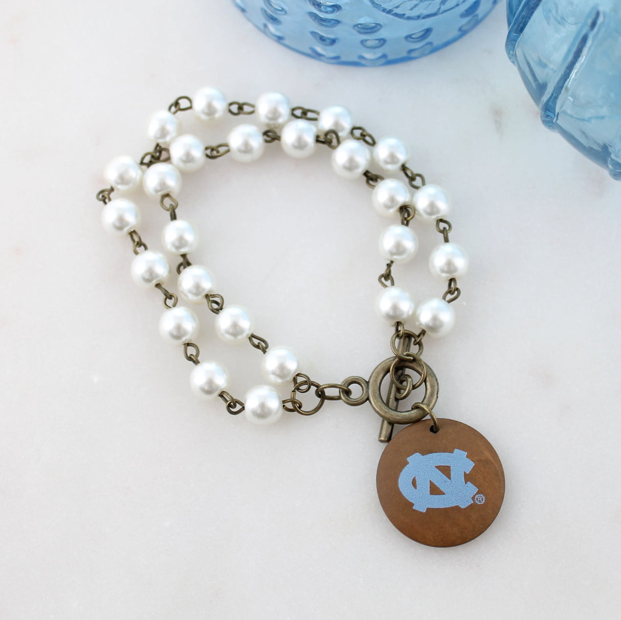 North Carolina Logo Pearl & Wood Disc Toggle Bracelet