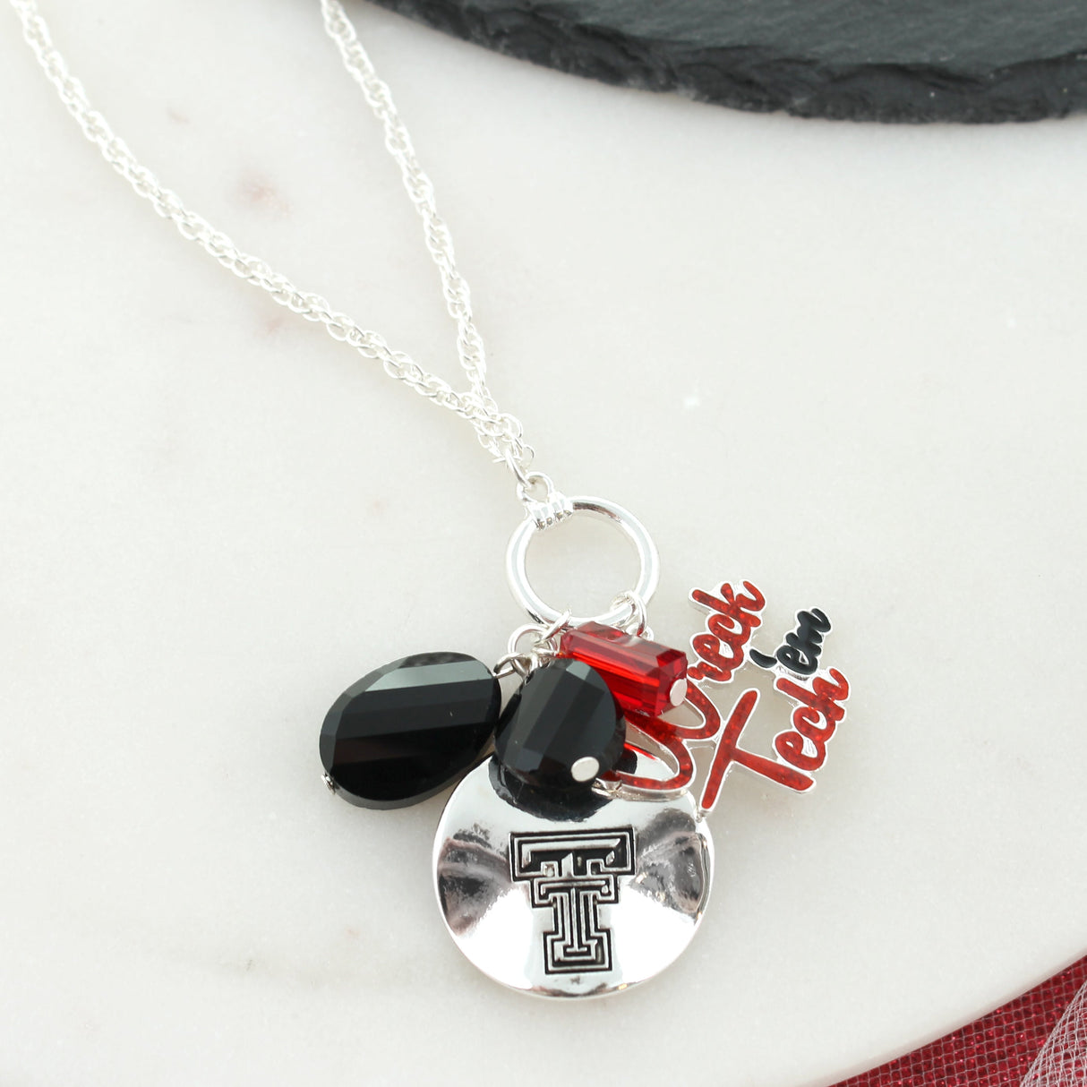 Texas Tech Logo Disc & Slogan Cluster Convertible Necklace