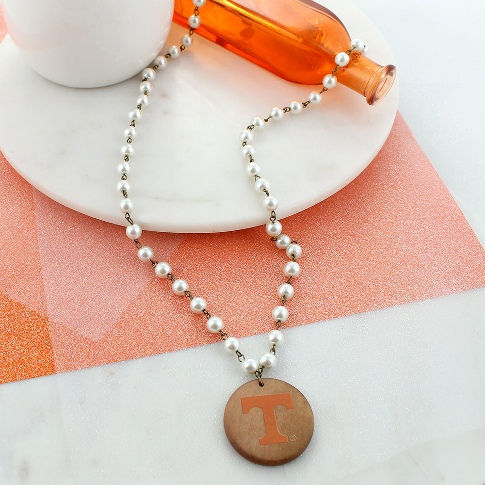 34” Tennessee Logo Pearl & Wood Disc Necklace