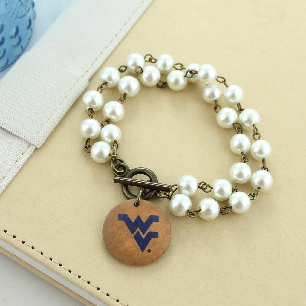 West Virginia Logo Pearl & Wood Disc Toggle Bracelet