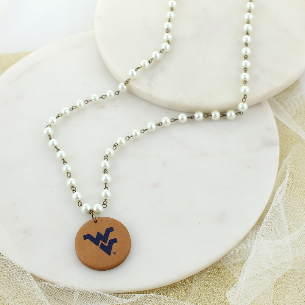 34” West Virginia Logo Pearl & Wood Disc Necklace