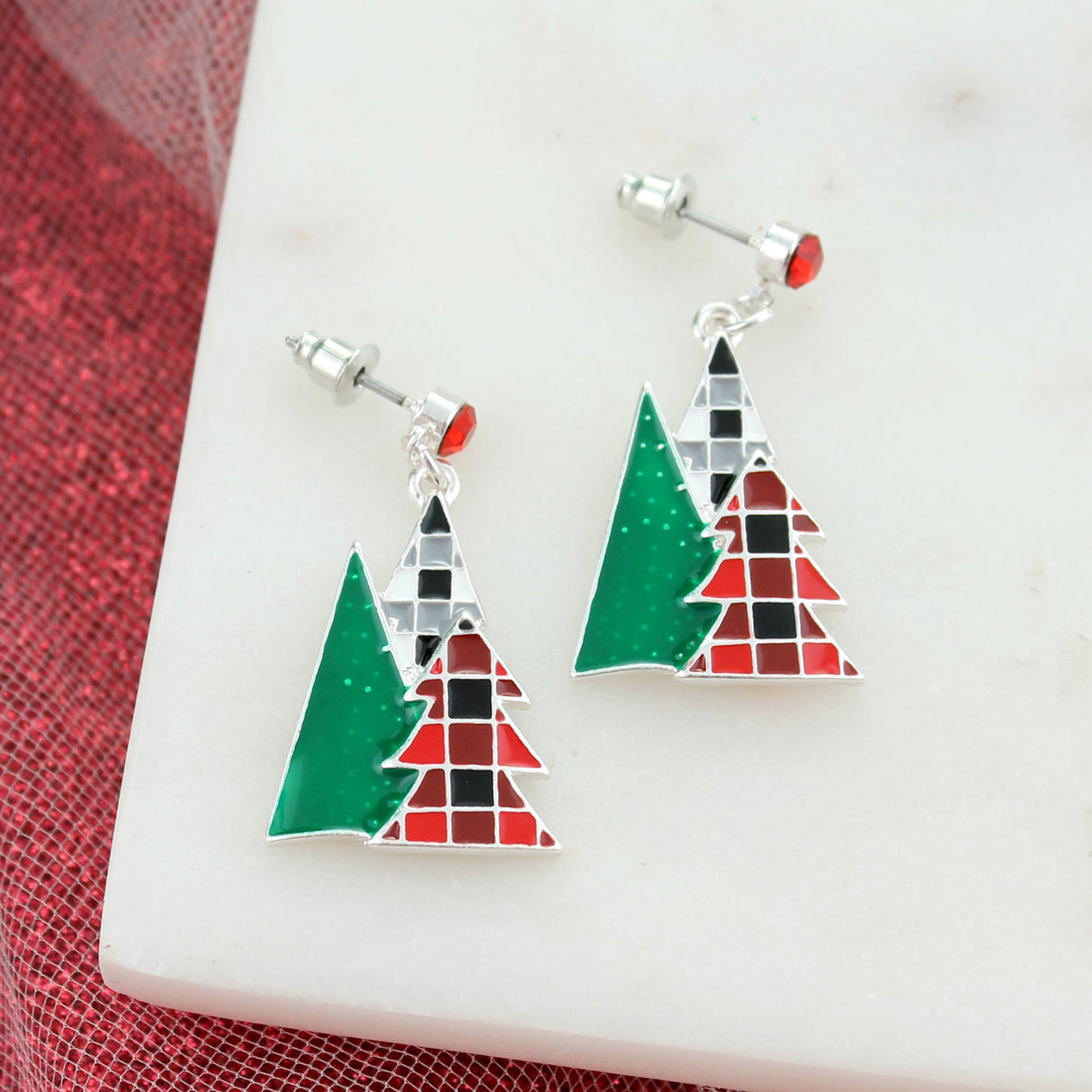 Rustic Plaid Christmas Tree Trio Earrings