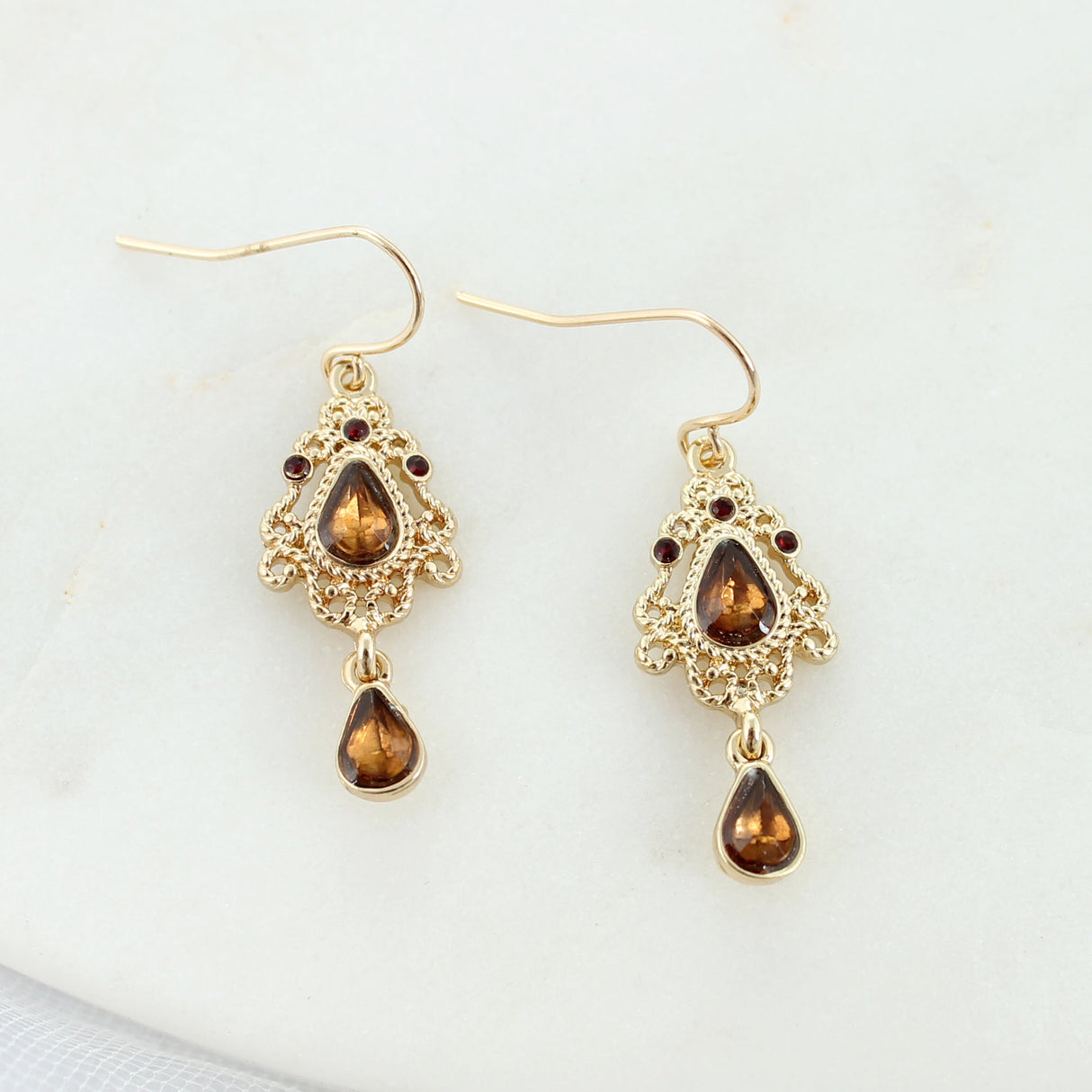 Gold Teardrop Filigree & Crystal Earrings