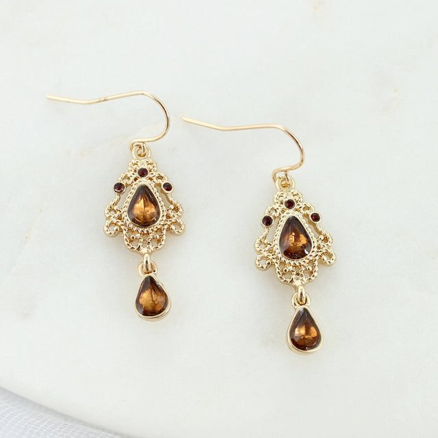 Gold Teardrop Filigree & Crystal Earrings