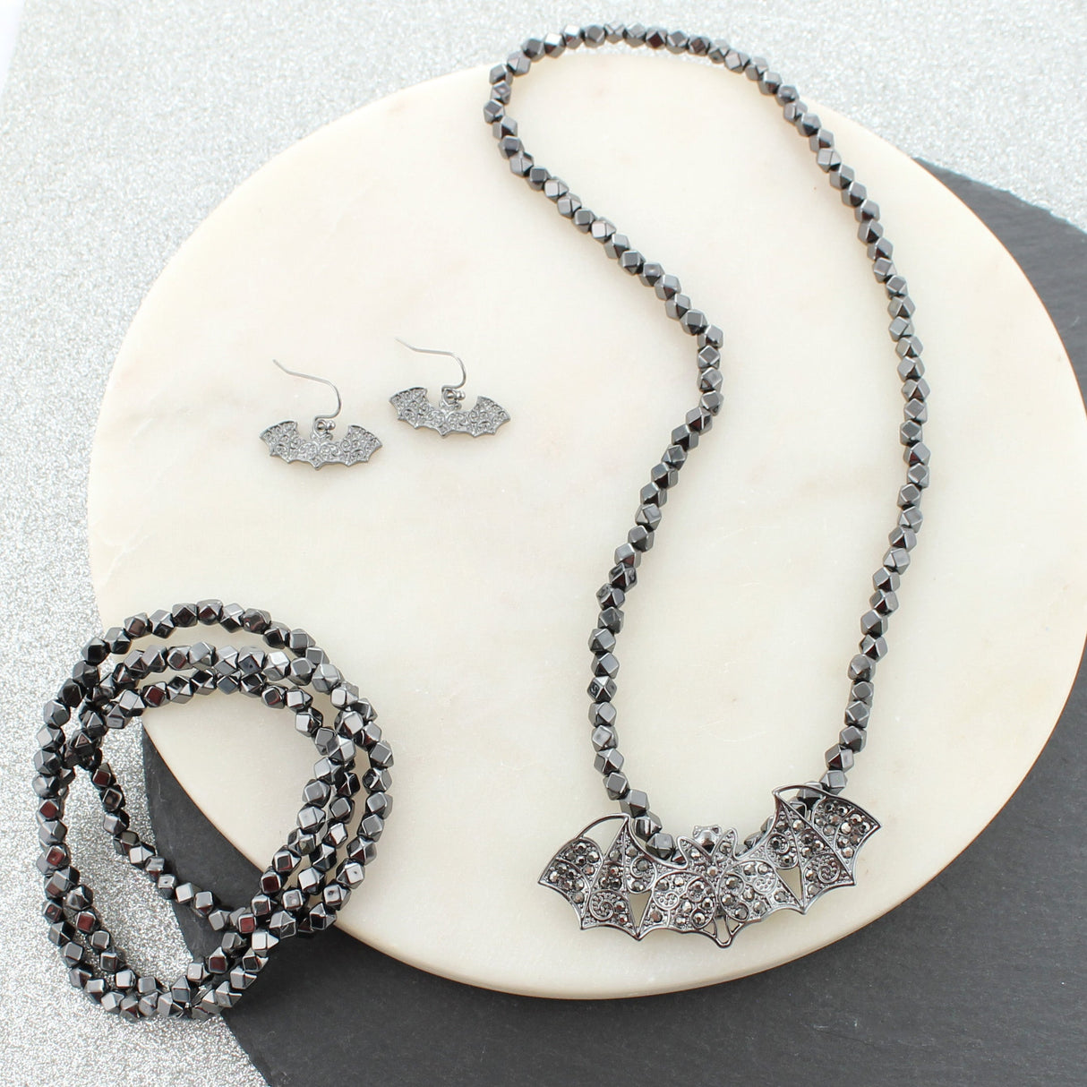 Gunmetal Crystal Bat Halloween Pendant