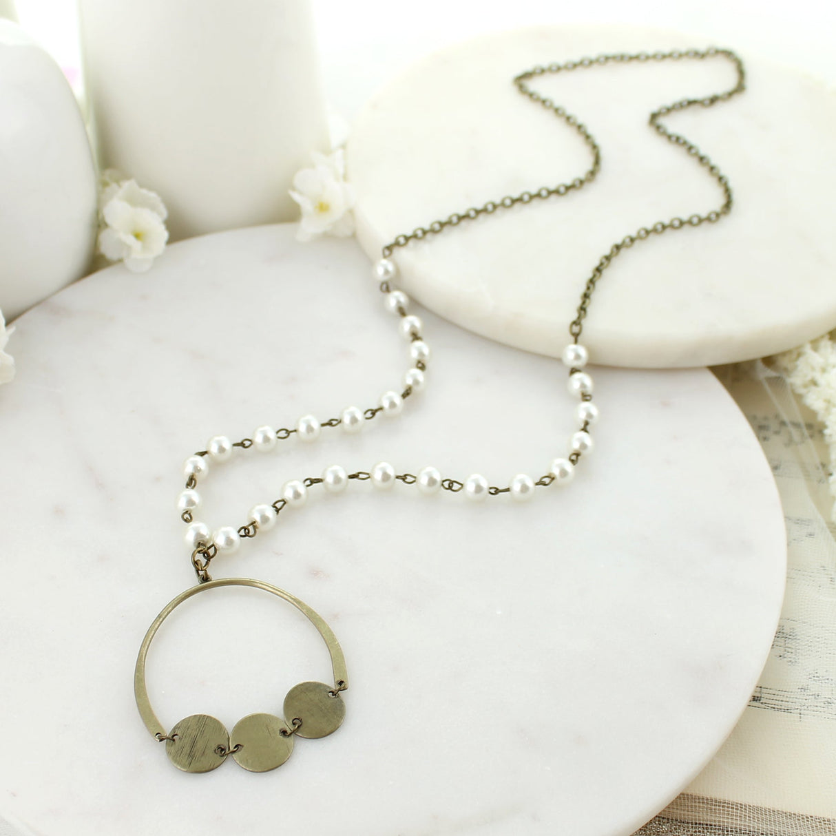 32” Vintage Disc & Pearl Necklace