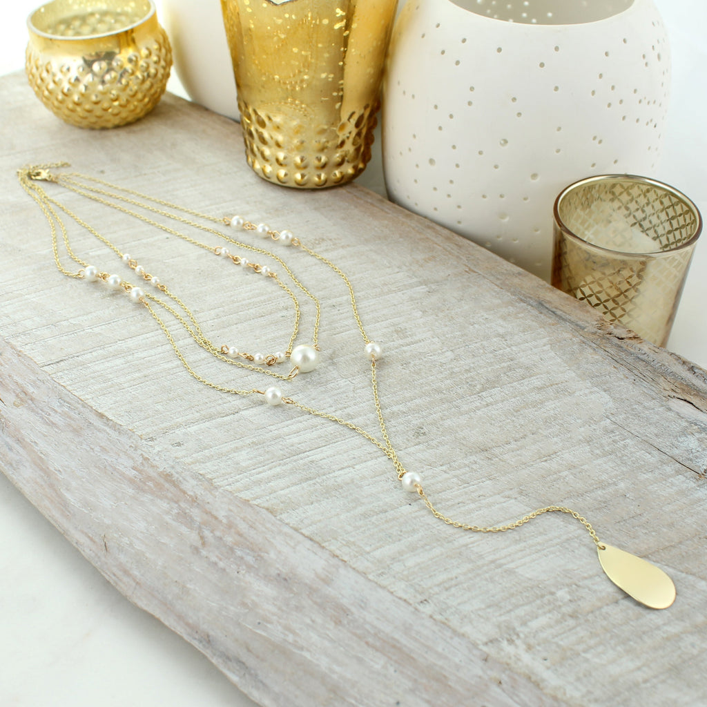 14 - 24” Gold & Pearl Three Layer Y-Necklace