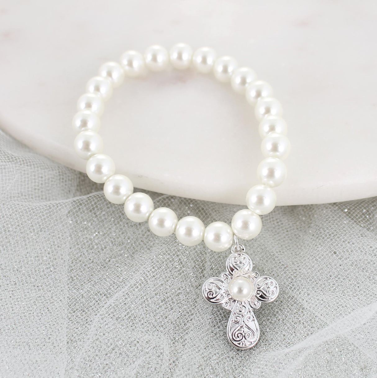 Silver Filigree & Pearl Cross Stretch Bracelet